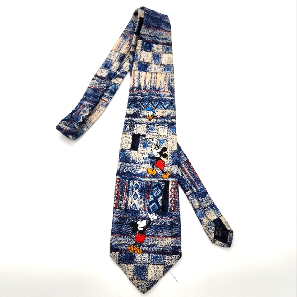 Disney Unlimited Mickey & Donald Grandpa Sweater Pattern Mens Neck Tie, Preowned